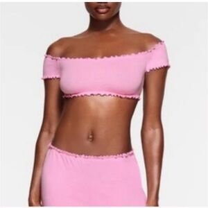 Skims Pointelle Logo Super Cropped Top bubble gum pink size XXL NWT ruffle